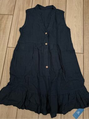 CUPSHE Sleeveless Button Front Ruffle Hem swim coverup in Navy size Small